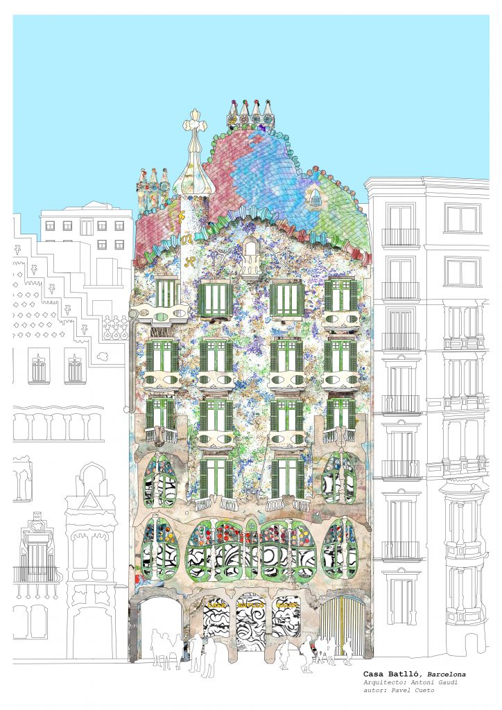 Ilustración de la fachada frontal de la Casa Batlló en Barcelona, con detalle del tejado de escamas multicolores y balcones de hierro fundido de Antoni Gaudí.
