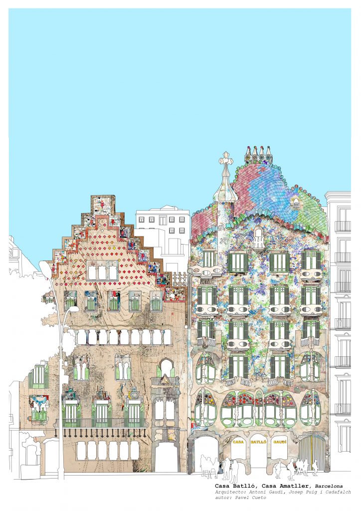 Ilustración arquitectónica de alzado que muestra la Casa Batlló de Gaudí y la Casa Amatller de Puig i Cadafalch en el Passeig de Gràcia, Barcelona.