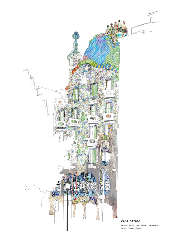 Ilustración de alzado lateral de la Casa Batlló en Barcelona, dibujo técnico detallado de la fachada vertical y el tejado de dragón de Gaudí.