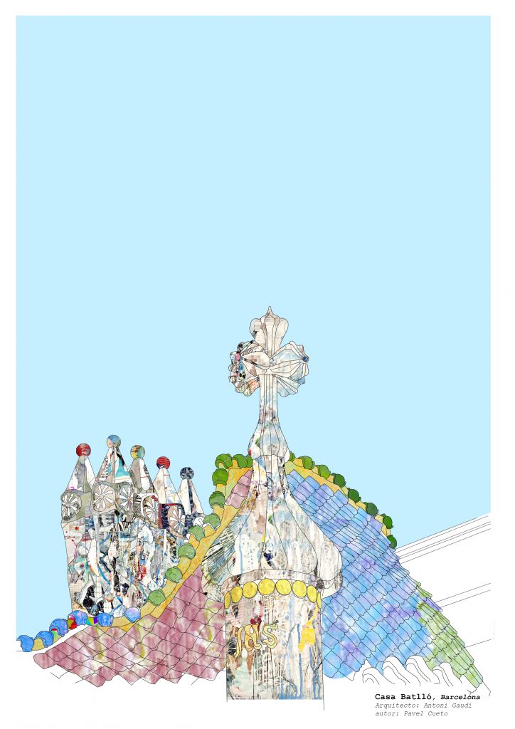 Ilustración del tejado de la Casa Batlló en Barcelona, detalle de la torre con la cruz de cuatro brazos, chimeneas modernistas y escamas cerámicas de Gaudí.