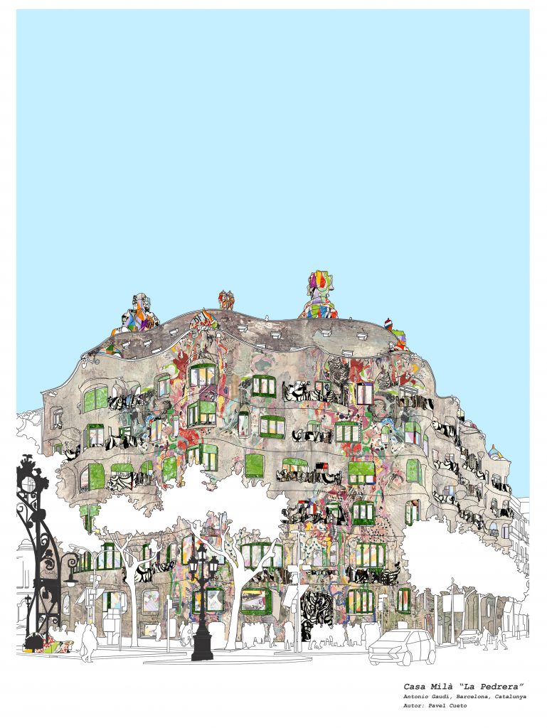 Ilustración detallada de la Casa Batlló en Barcelona, lámina decorativa estilo dibujo a mano sobre fondo blanco