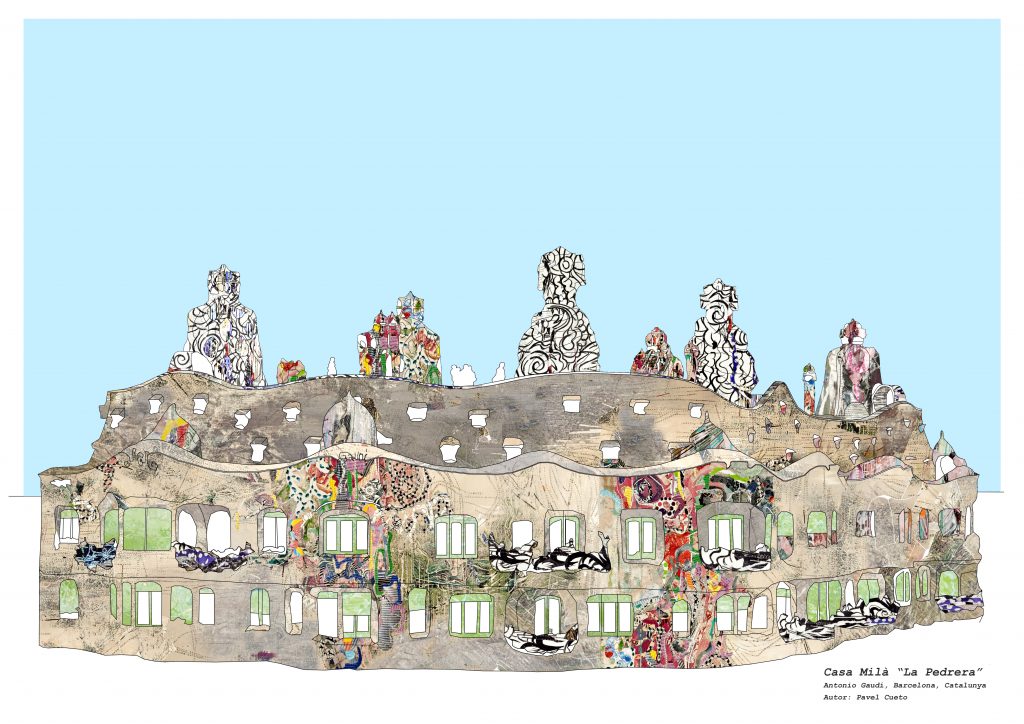 Ilustración completa de la fachada de La Pedrera (Casa Milà) en Barcelona, dibujo arquitectónico de las formas onduladas y chimeneas de Gaudí.