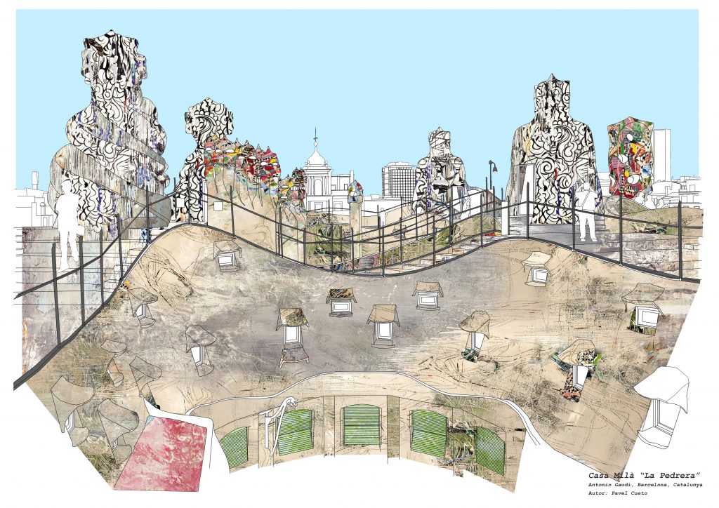 Ilustración artística de la azotea de La Pedrera (Casa Milà) en Barcelona, mostrando las chimeneas con formas de guerreros de Gaudí.